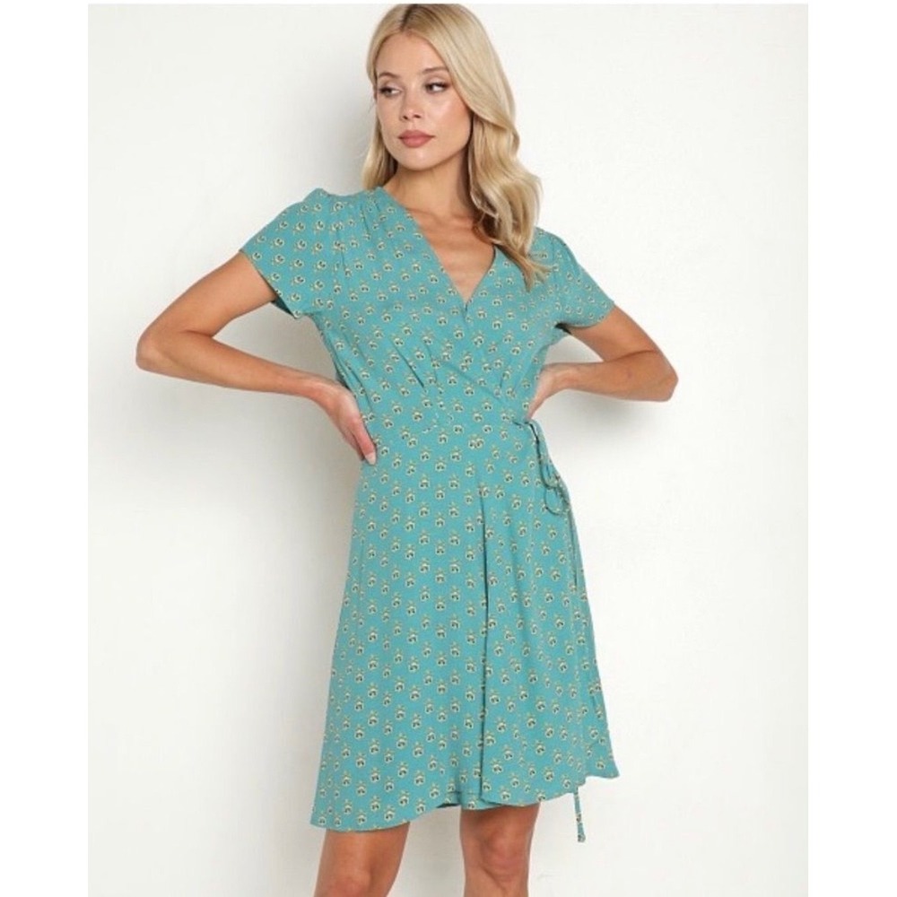 Rollas Cleo Emmy Lou Wrap Dress Teal Floral Print Mini V-Neck Short Sleeve XS 6